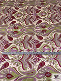 Paisley Style Printed Stretch Silk Charmeuse - Lime / Cranberry / Lilac / Champagne