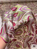 Paisley Style Printed Stretch Silk Charmeuse - Lime / Cranberry / Lilac / Champagne