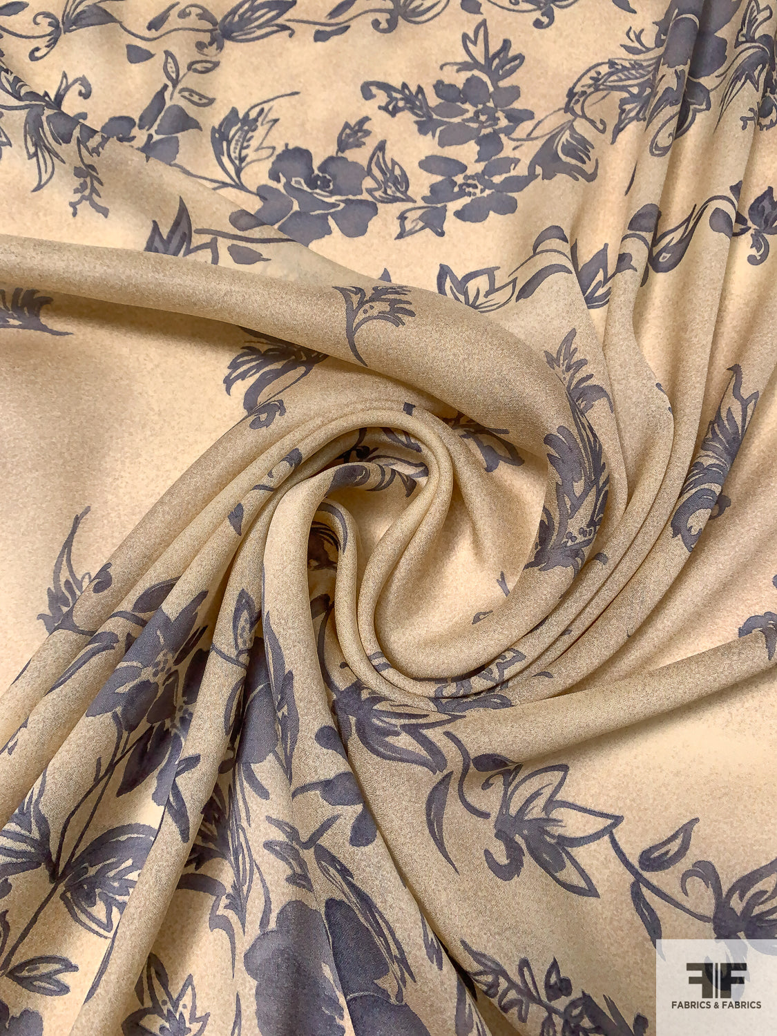 Floral Theme Printed Silk Georgette - Distressed Stucco / Steel Grey
