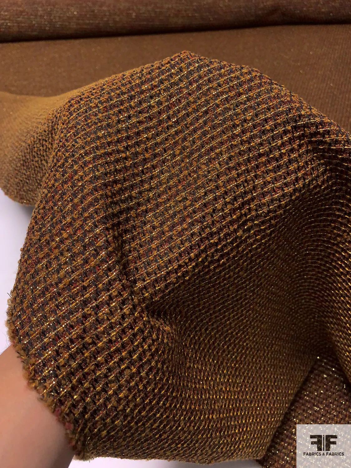 Italian Glam Wool Blend Tweed Suiting with Lurex Fibers - Brown / Saddle / Cranberry / Gold