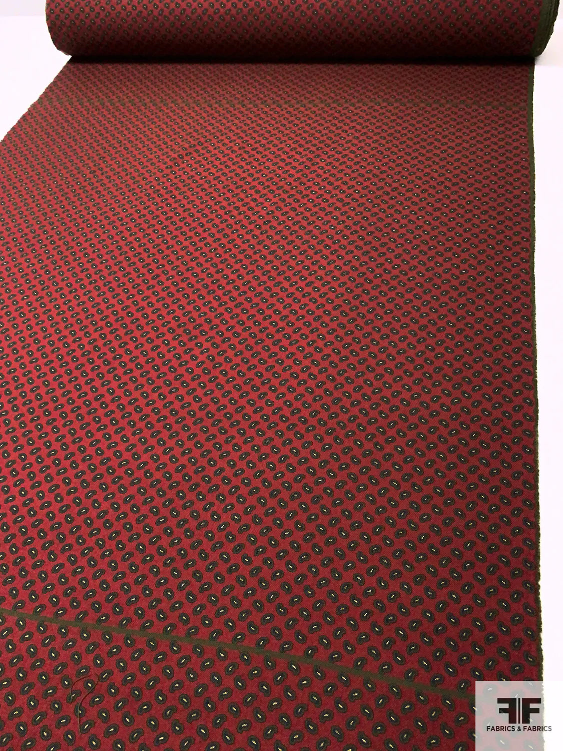 Italian Ditsy Paisley Printed Wool Gabardine Flannel Panel - Maroon / Army Green / Navy