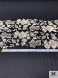 Italian Floral Embroidered Wool Flannel Panel - Black / Ivory