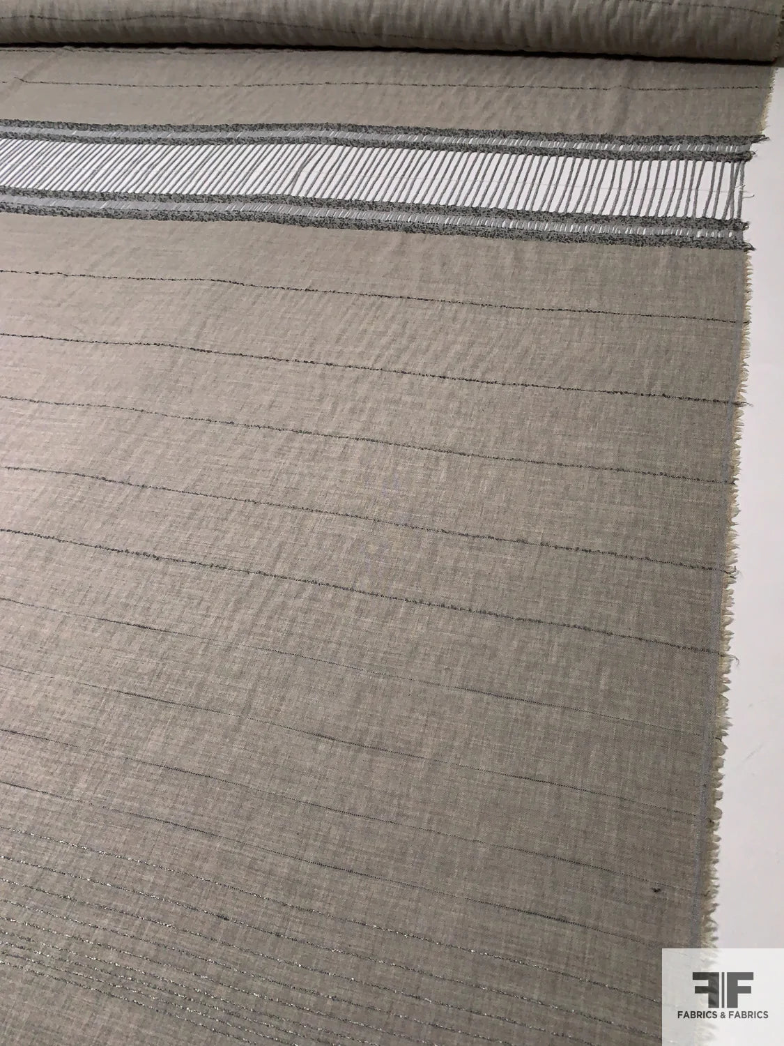 Italian Striped and Fringed Light Wool Gabardine Shawl Panel - Sand / Beige