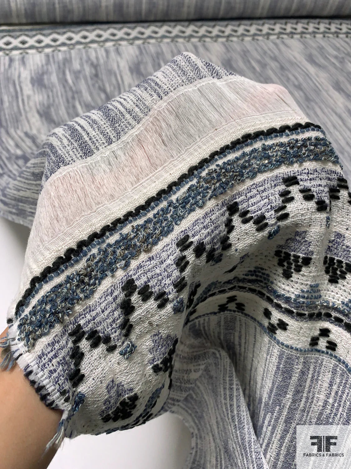 Italian Ethnic Chevron Soft Laundered Cotton Tweed Suiting Panel - Denim Navy / Ivory