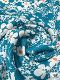 Floral Silhouette Printed Silk Georgette - Teal / Orange / White