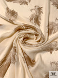 Feathery Leaf Sketch Printed Silk Georgette - Cream / Tan Brown