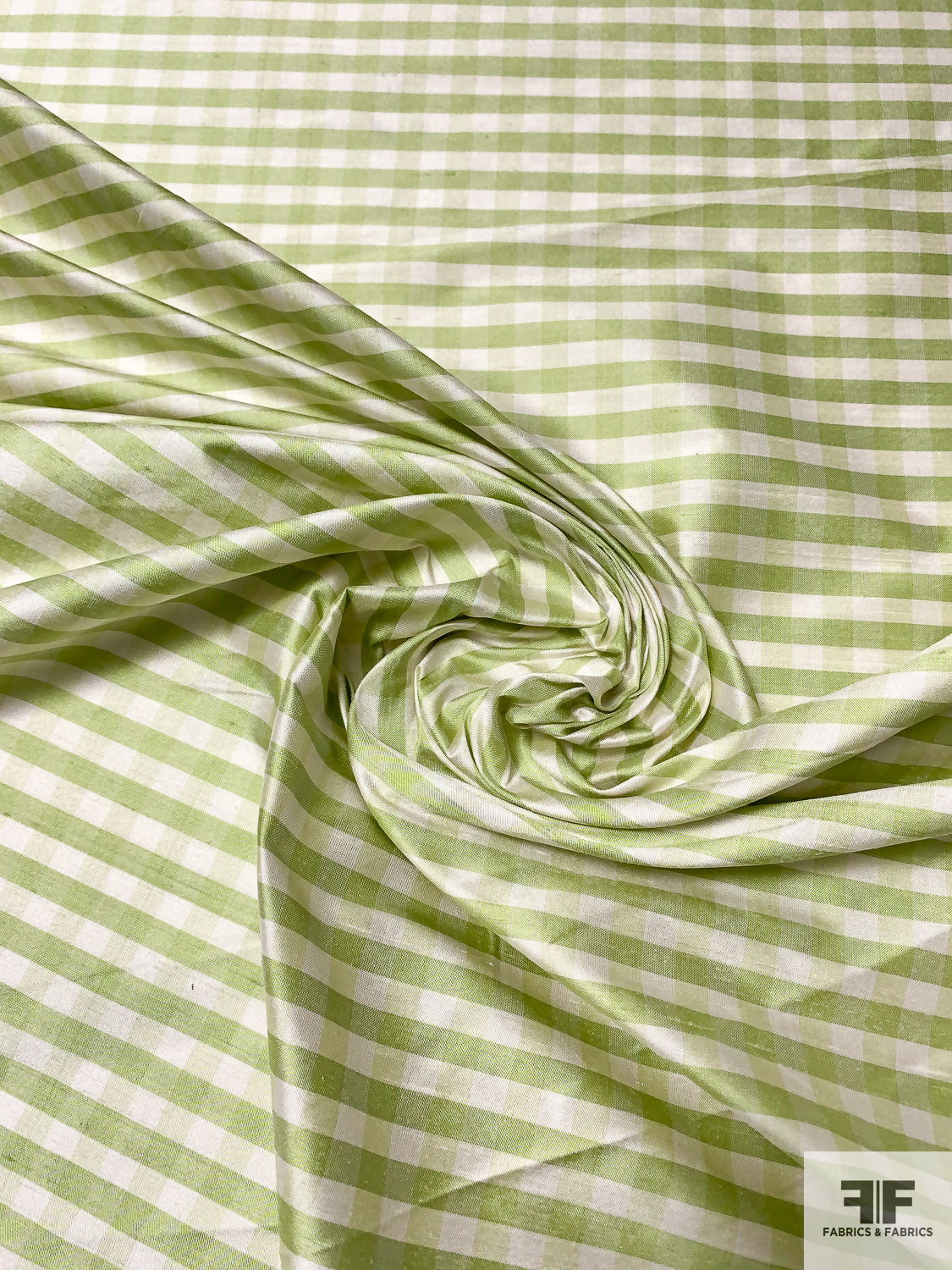 Gingham Check Yarn-Dyed Silk Shantung - Pear Green/Light Ivory