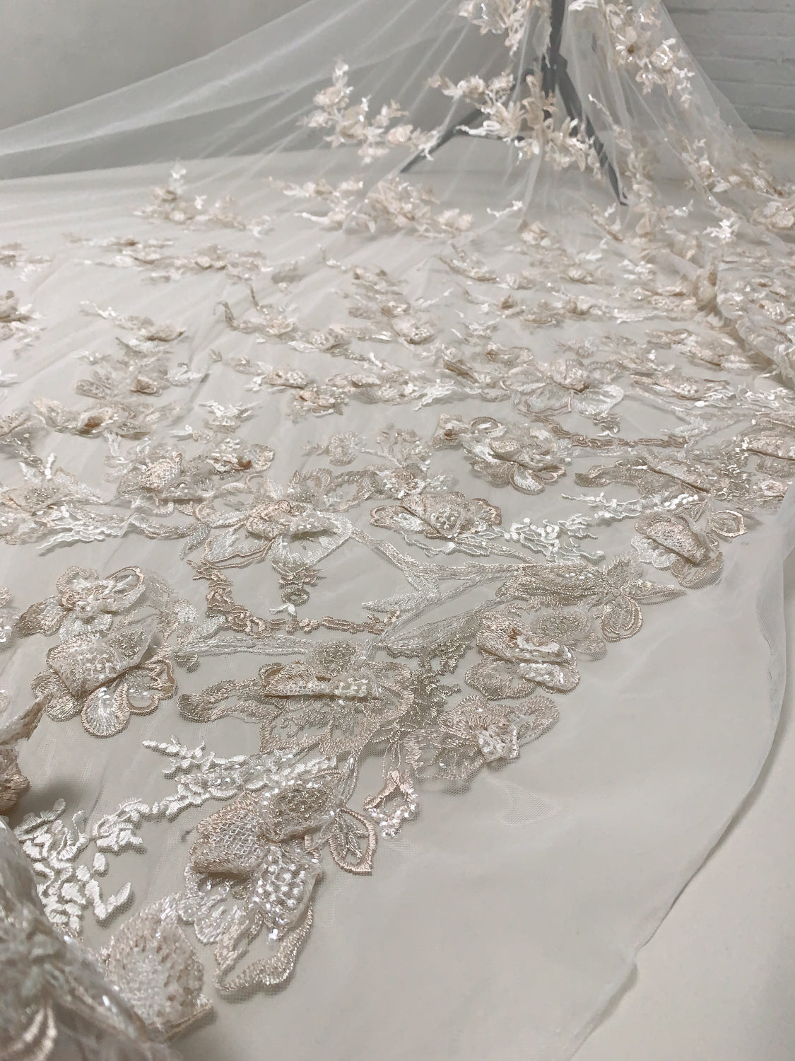 Marchesa Fine Embroidered Bridal Tulle with Metallic Threadwork, Clear Sequins, Caviar Beads, Bugle Beads and 3D Floral Petals - Off-White/Champagne | FABRICS & FABRICS Fabrics & Fabrics Marchesa Fine Embroidered Bridal Tulle with Metallic Threadwork, Clear Sequins, Caviar Beads, Bugle Beads and 3D Floral Petals - Off-White/Champagne | FABRICS & FABRICS Fabrics & Fabrics