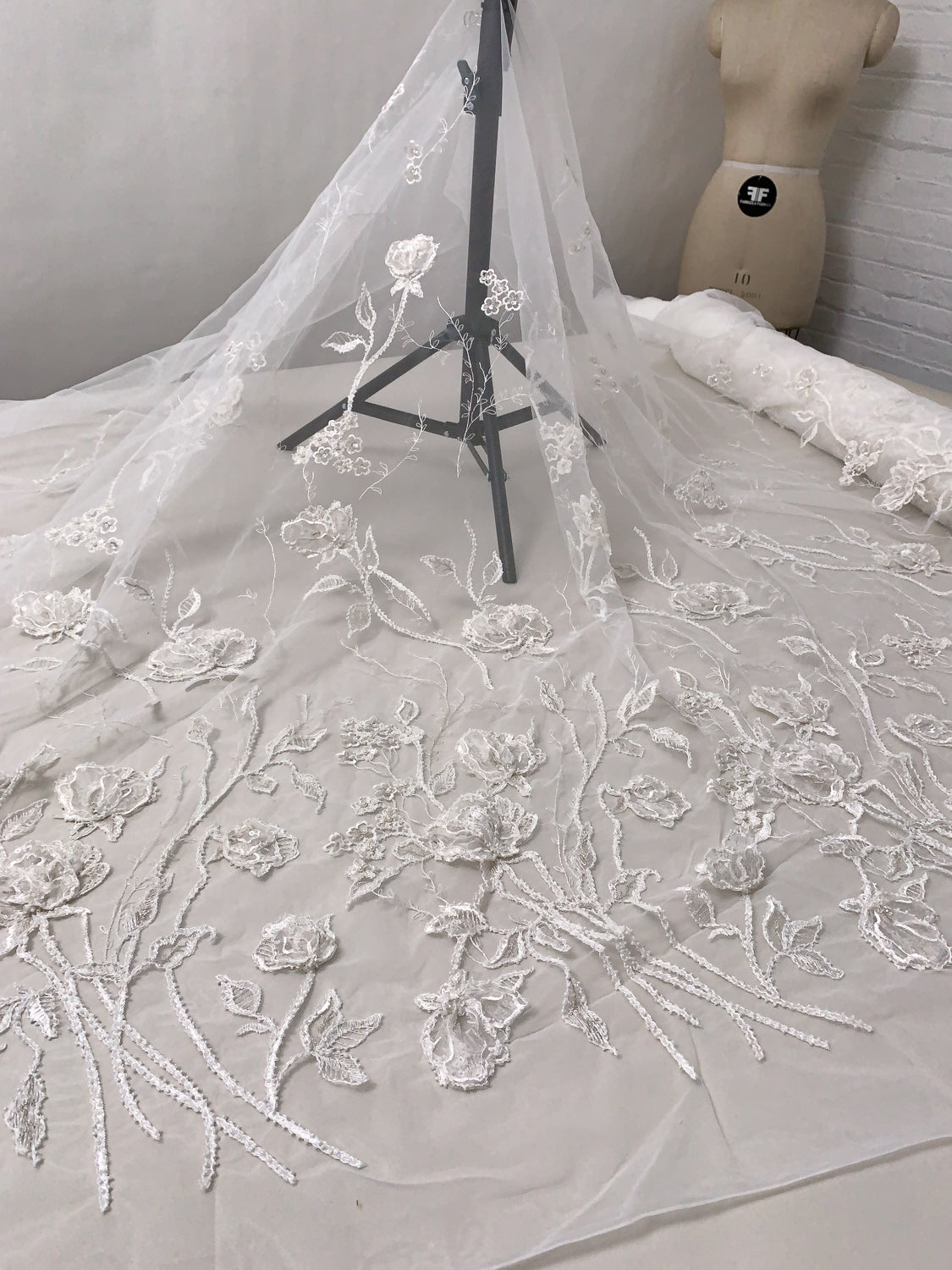 Marchesa Fine Embroidered Bridal Tulle with Metallic Threadwork, Clear Sequins, Caviar Beads, Bugle Beads and 3D Floral Petals - White - Fabric by the ... Marchesa Fine Embroidered Bridal Tulle with Metallic Threadwork, Clear Sequins, Caviar Beads, Bugle Beads and 3D Floral Petals - White - Fabric by the ...