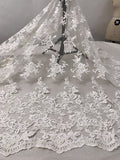 Marchesa Double-Scalloped Embroidered Novelty French Tulle with Clear Pearls, Sequins, and Bugle Beads - Off-White