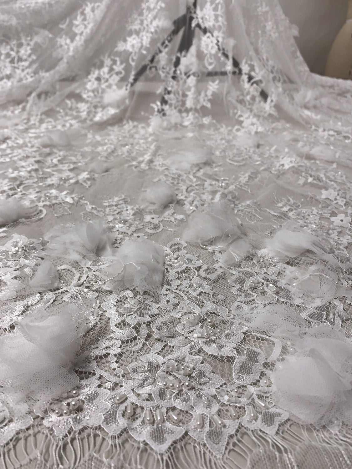 Marchesa Double-Scalloped Fine Lace with 3D Tulle Flowers, Hanging Sequins, Pearls and Bugle Beads - White | FABRICS & FABRICS Fabrics & Fabrics Marchesa Double-Scalloped Fine Lace with 3D Tulle Flowers, Hanging Sequins, Pearls and Bugle Beads - White | FABRICS & FABRICS Fabrics & Fabrics