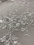 Marchesa Floral Bouquets Embroidered Silk Organza with Metallic Threadwork - Off-White / Light Silver