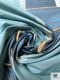 Linear Silk Taffeta-Shantung with Chenille Line Detailing - Dusty Turquoise / Antique Gold