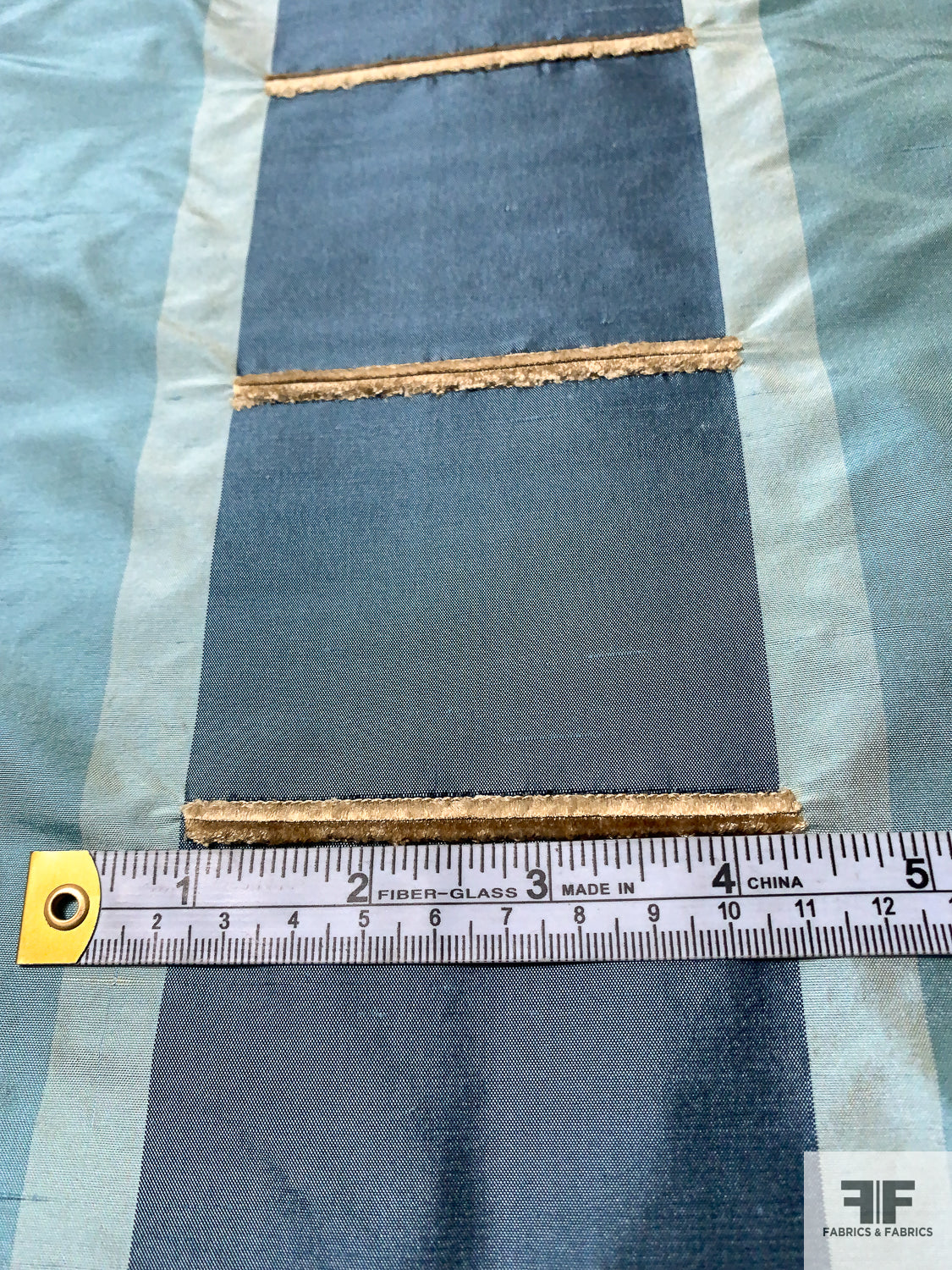 Linear Silk Taffeta-Shantung with Chenille Line Detailing - Dusty Turquoise / Antique Gold