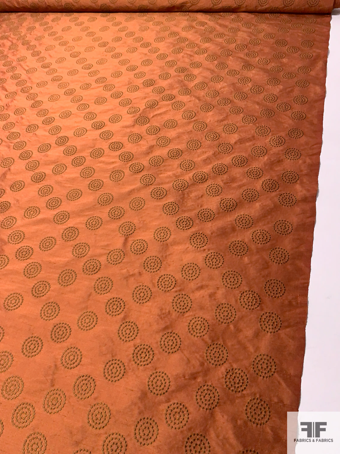 Circle Dot Embroidered Silk Shantung - Burnt Orange / Brown