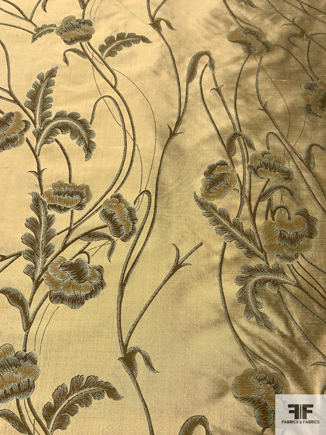 Floral Vines Printed Silk Taffeta-Shantung - Antique Gold / Brown / Sage