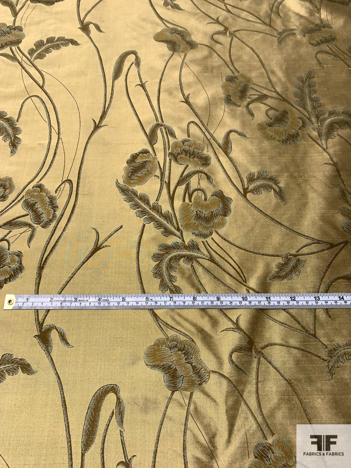 Floral Vines Printed Silk Taffeta-Shantung - Antique Gold / Brown / Sage