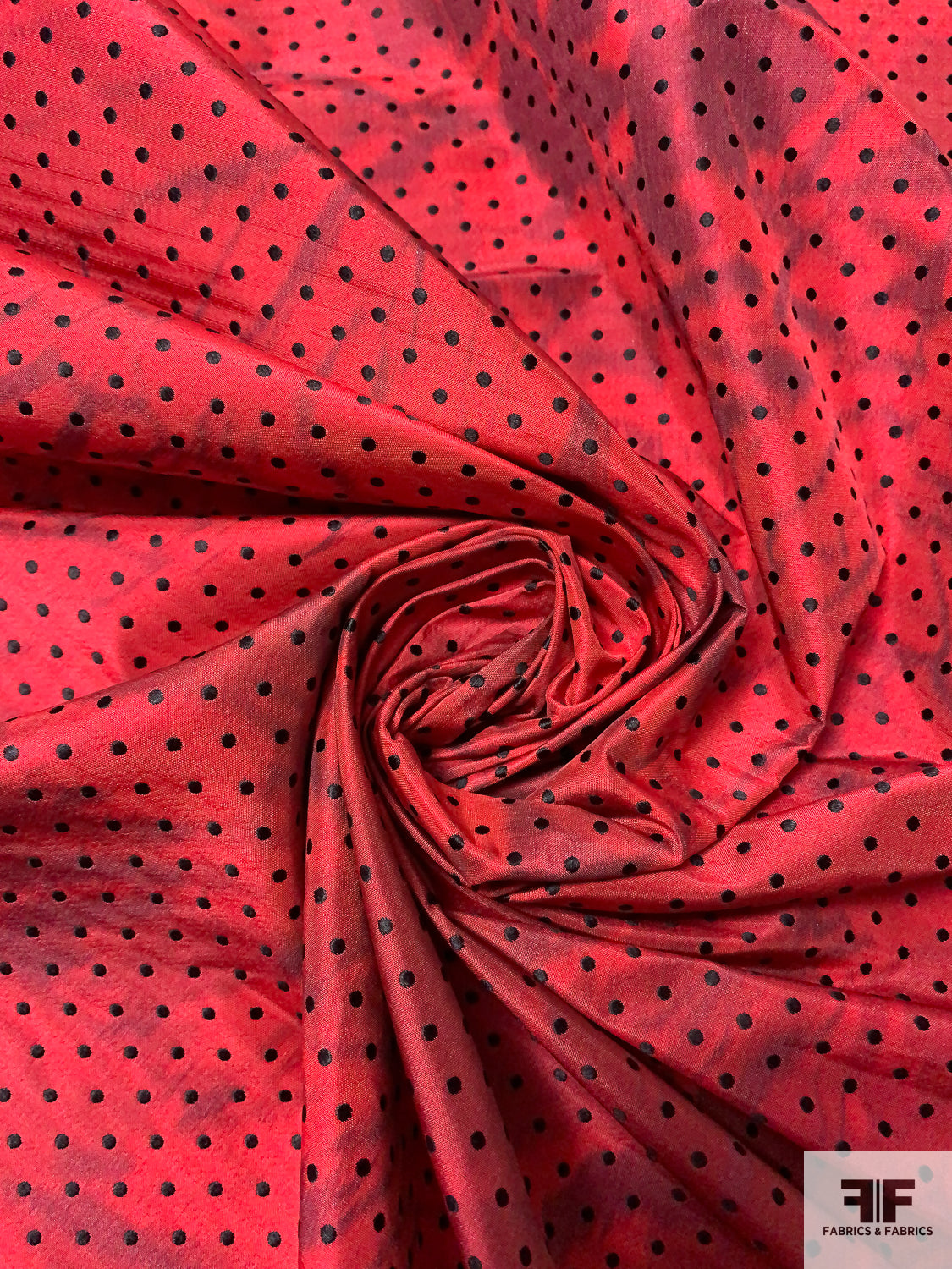 Italian Subtly Floral Printed Silk Taffeta with Woven Dots - Red / Black