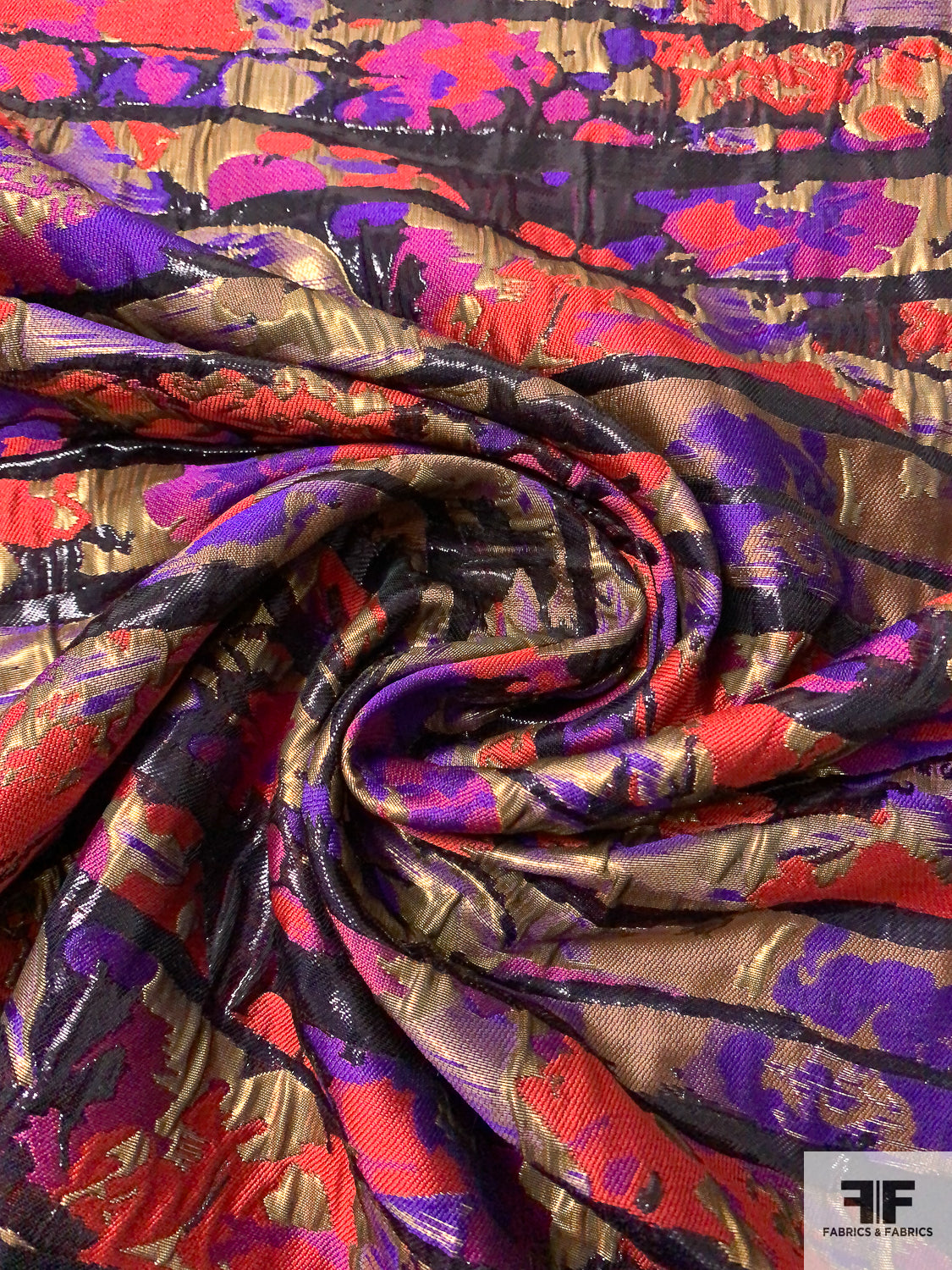 Abstract Textured and Glossy Metallic Brocade - Purple / Rose / Antique Gold / Black