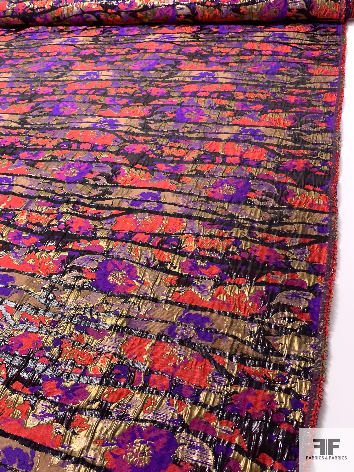 Abstract Textured and Glossy Metallic Brocade - Purple / Rose / Antique Gold / Black