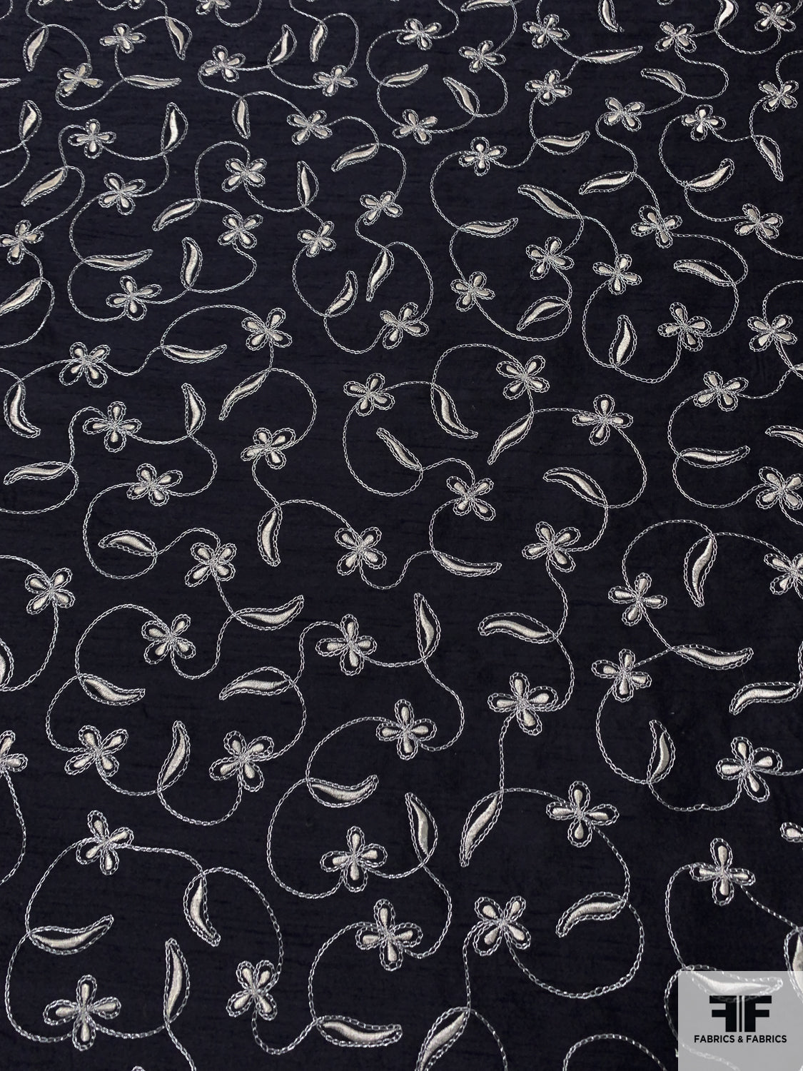 Floral Vines Embroidered Silk Shantung - Black / Cream / Silver