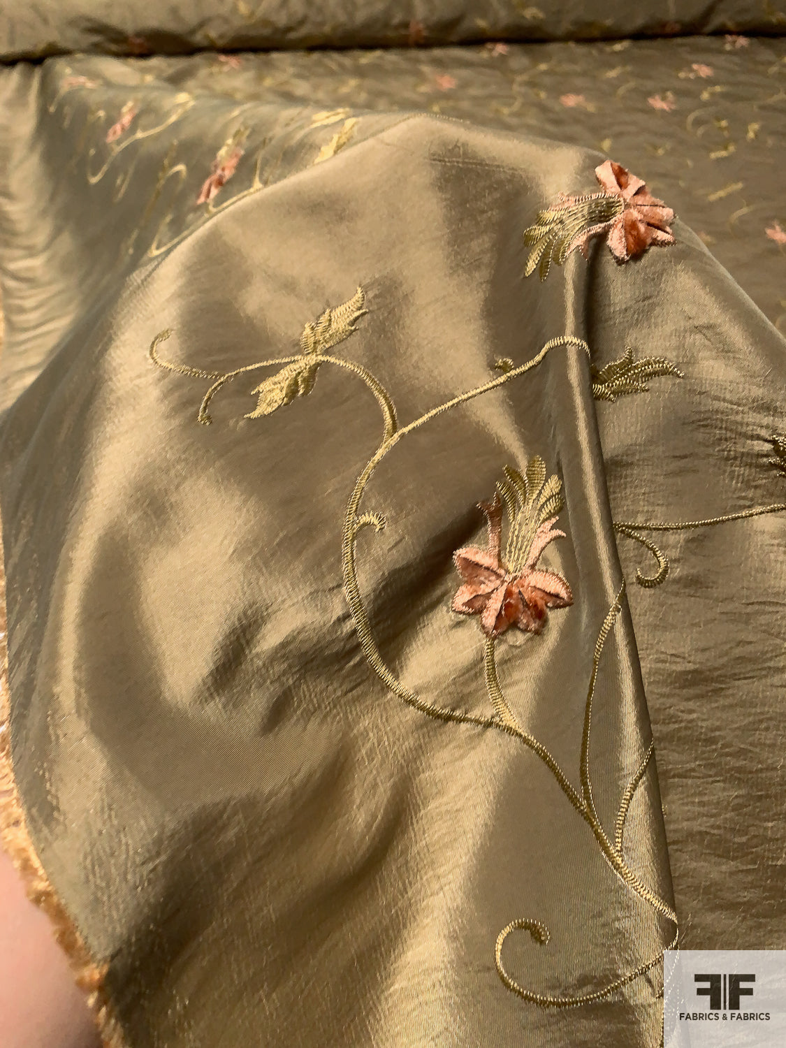 Old Golden Vine With Scalloped Border Embroidered Nylon Organza Fabric –  Fabric Depot