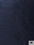 Floral Bouquets Embroidered Silk Shantung - Navy