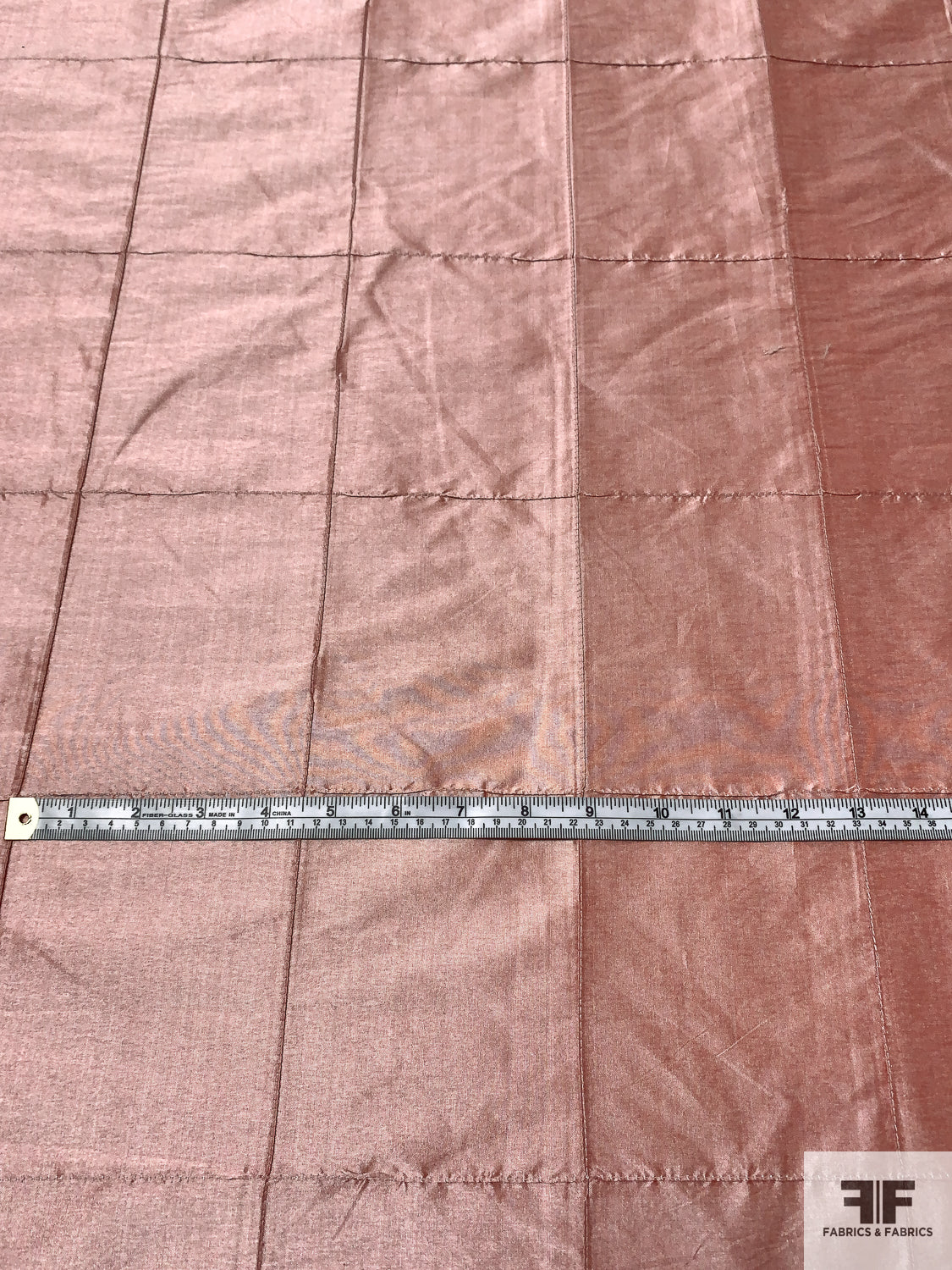 Large Windowpane Stitched Silk Shantung - Pearlized Antique Peach