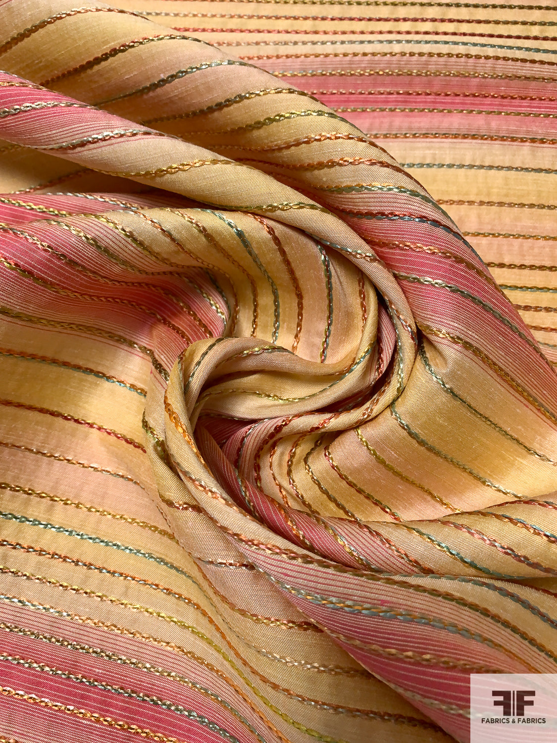 Made in France Stripe Stitched Novelty Brocade - Yellow / Coral / Orange / Mint