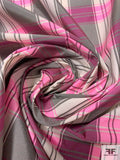 Vibrant Plaid Yarn-Dyed Polyester Taffeta - Highlighter Pink / Grey / Ivory