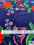 Floral Stem Printed Silk Crepe de Chine Panel - Dark Indigo / Blood Orange / Green