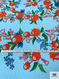 Floral Stem Printed Silk Crepe de Chine Panel - Sky Blue / Blood Orange / Green