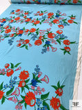 Floral Stem Printed Silk Crepe de Chine Panel - Sky Blue / Blood Orange / Green