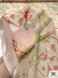 Watercolor Floral Printed Crinkled Silk Chiffon - Beige / Seafoam Blue / Red-Coral / Lime