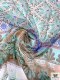 Multi-Pattern Printed Silk Chiffon Panel - Aqua / Brown / Violet / Ochre / Pink