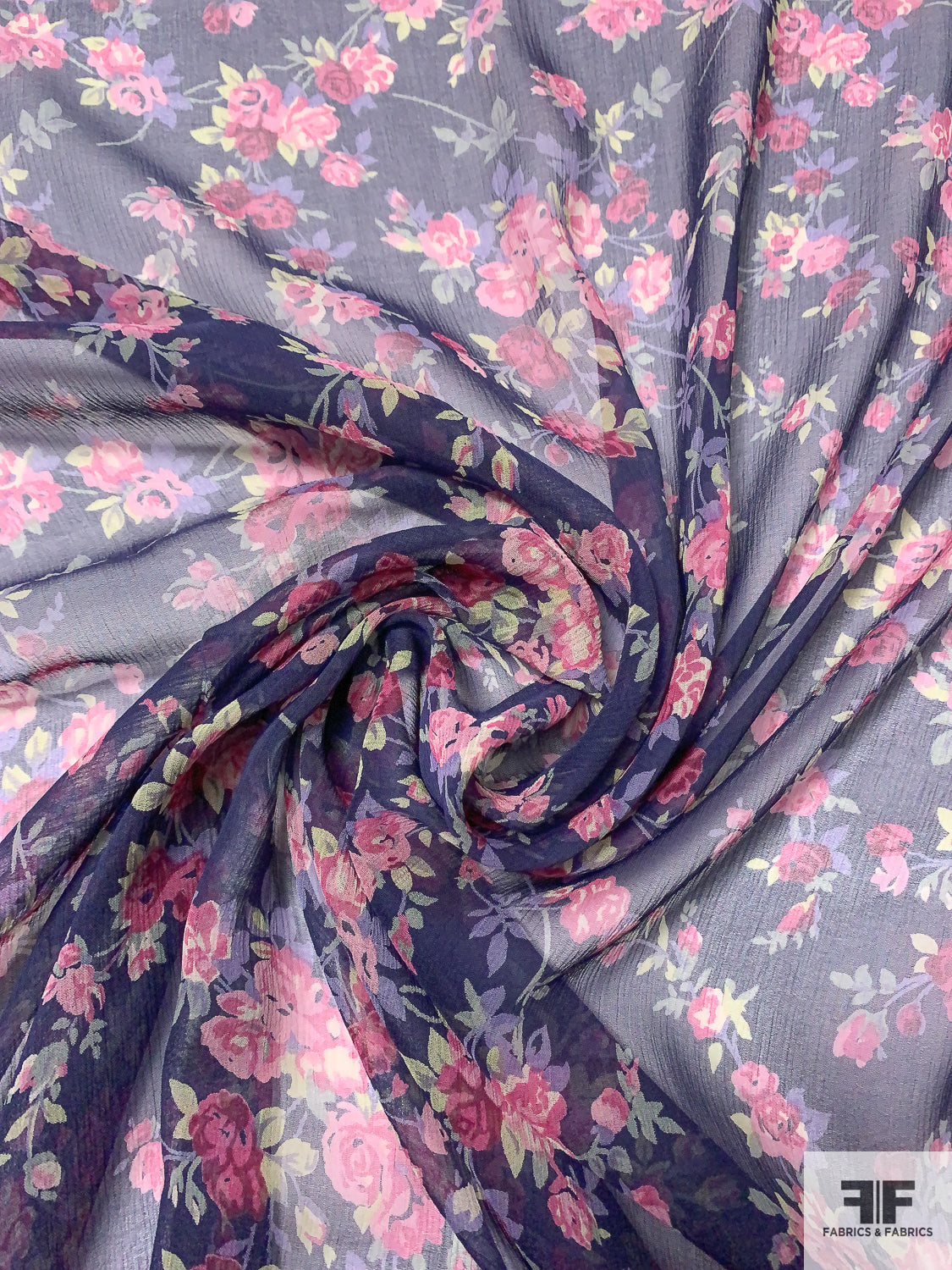 Blossomed Floral Printed Silk Chiffon - Shades of Pink/Periwinkle