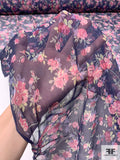 Floral Printed Slightly Crinkled Silk Chiffon - Purple / Berry Pink / Pastel Green