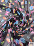 Italian Butterflies and Floral Printed Shadow Striped  Silk Chiffon - Black / Magenta / Blue / Yellow / Green