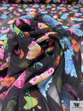 Italian Butterflies and Floral Printed Shadow Striped  Silk Chiffon - Black / Magenta / Blue / Yellow / Green