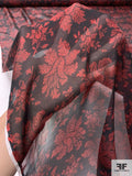 Antique-Look Floral Printed Silk Chiffon - Red / Black