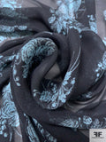 Floral Bouquets Printed Silk Chiffon - Sky Blue / Black