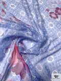 Floral Diamond Grid Printed Silk Chiffon - Blues / Boysenberry / Watermelon Pink