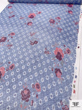 Floral Diamond Grid Printed Silk Chiffon - Blues / Boysenberry / Watermelon Pink