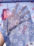 Floral Diamond Grid Printed Silk Chiffon - Blues / Boysenberry / Watermelon Pink