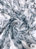 Painterly Watercolor Printed Silk Chiffon - Smokey Teal / White