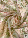 Floral Bouquets and Dotted Printed Silk Chiffon - Greens / Lavender / Caramel