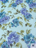 Painterly Floral Printed Silk Chiffon - Blues / Pear Green / Light Aqua