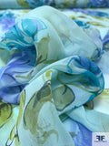 Painterly Floral Printed Silk Chiffon - Blues / Pear Green / Light Aqua