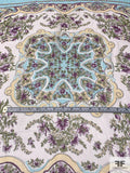 Persian Rug Inspired Printed Silk Chiffon Panel - Cool Blue / Purple / Butter Yellow / Olive