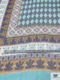 Art Deco Frame Printed Silk Chiffon Panel - Aqua Blue / Ochre / Indigo / Off-White